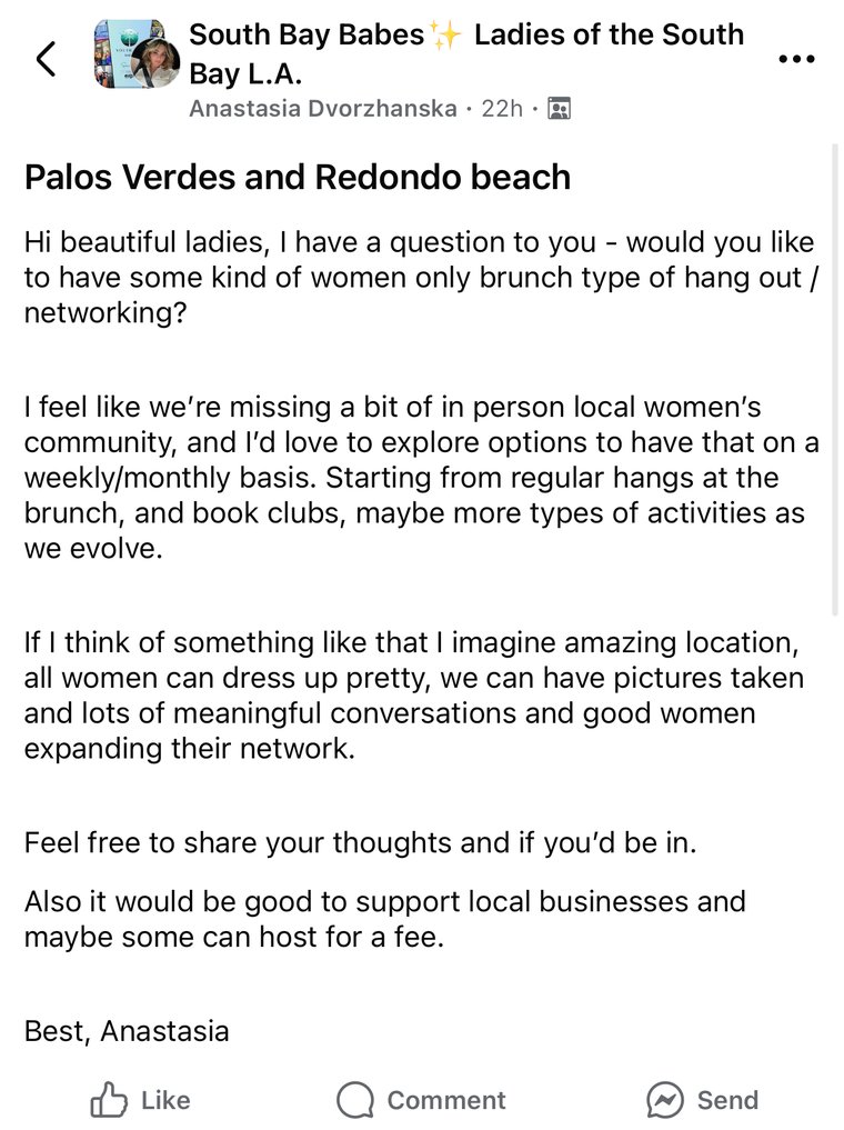 Anastasia's original Facebook post in South Bay Babes, asking local women if they'd like a women-only brunch